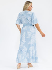 PLUS SIZE SHORT SLEEVE SURPLICE BELTED LEAF PRINT MAXI DRESS