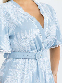 PLUS SIZE SHORT SLEEVE SURPLICE BELTED LEAF PRINT MAXI DRESS