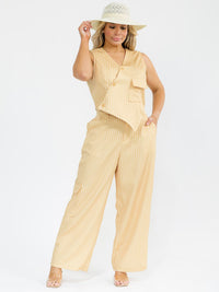 PLUS SIZE SLEEVELESS BLOUSE & BUTTON CLOSURE PANTS STRIPES DETAILED 2PC. SET