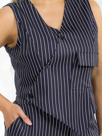 PLUS SIZE SLEEVELESS BLOUSE & BUTTON CLOSURE PANTS STRIPES DETAILED 2PC. SET