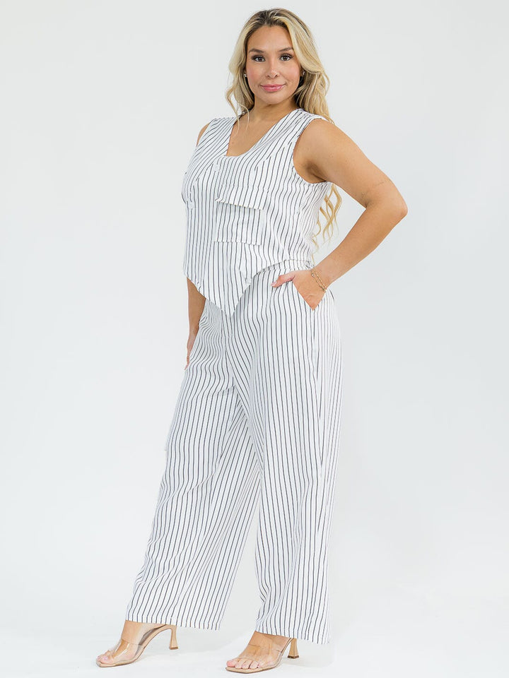 PLUS SIZE SLEEVELESS BLOUSE & BUTTON CLOSURE PANTS STRIPES DETAILED 2PC. SET