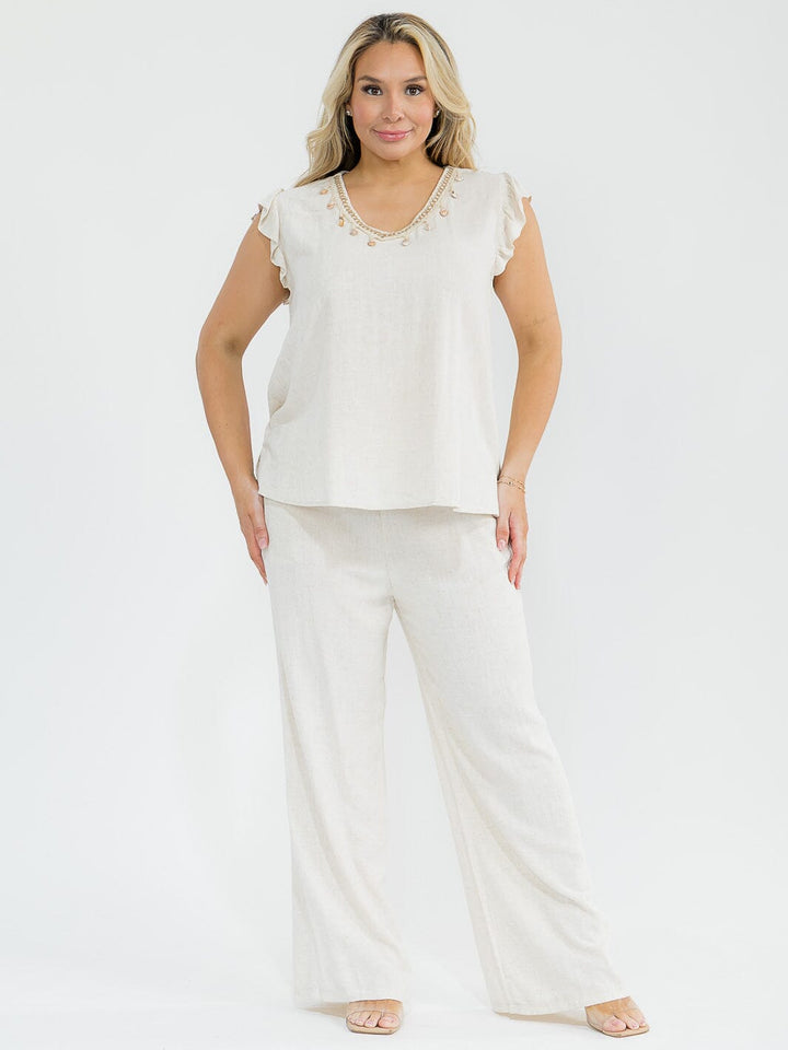 PLUS SIZE RUFFLE SLEEVE BLOUSE & ELASTIC WAIST PANTS TRIM DETAILED LINEN 2PC. SET