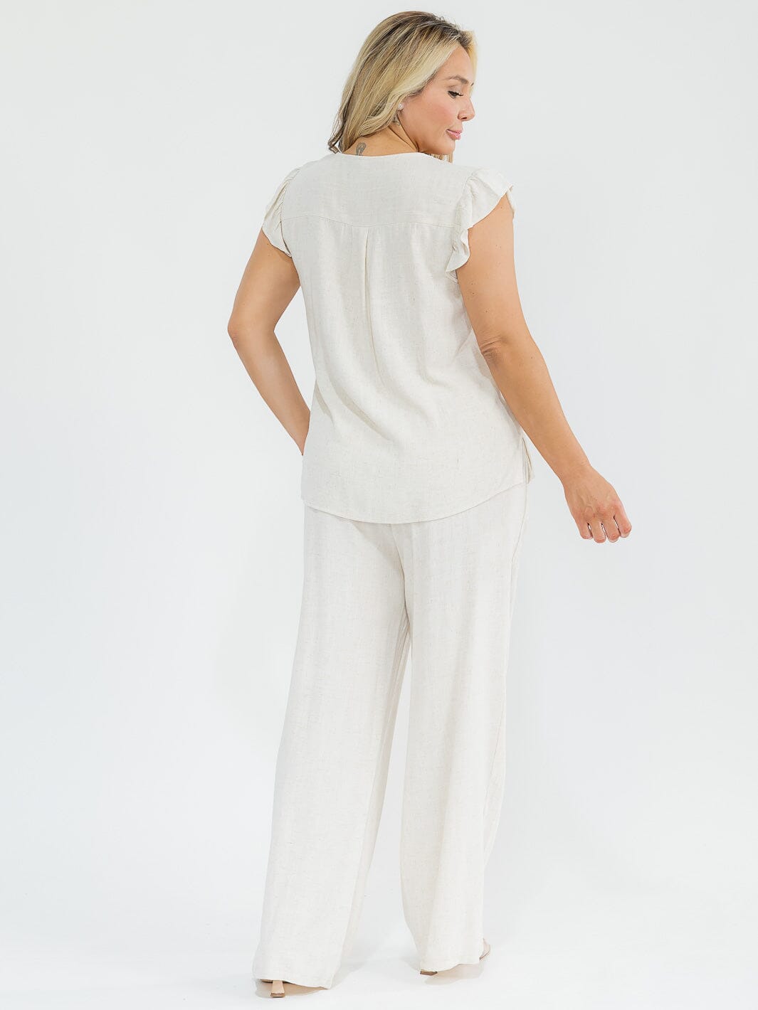 PLUS SIZE RUFFLE SLEEVE BLOUSE & ELASTIC WAIST PANTS TRIM DETAILED LINEN 2PC. SET