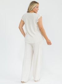 PLUS SIZE RUFFLE SLEEVE BLOUSE & ELASTIC WAIST PANTS TRIM DETAILED LINEN 2PC. SET