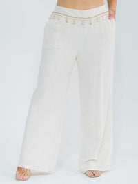 PLUS SIZE RUFFLE SLEEVE BLOUSE & ELASTIC WAIST PANTS TRIM DETAILED LINEN 2PC. SET