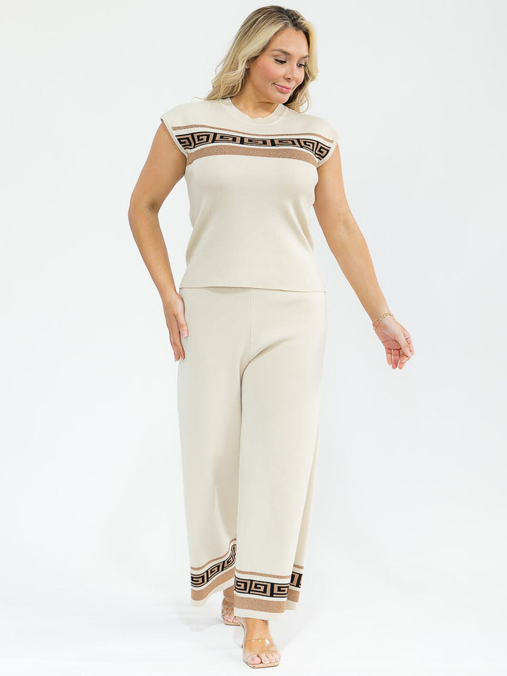 PLUS SIZE SLEEVELESS BLOUSE & ELASTIC WAIST PANTS SHIMMER DETAILED 2PC. SET
