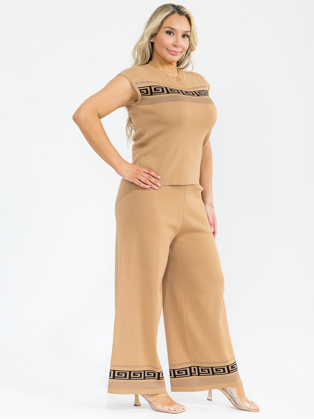 PLUS SIZE SLEEVELESS BLOUSE & ELASTIC WAIST PANTS SHIMMER DETAILED 2PC. SET