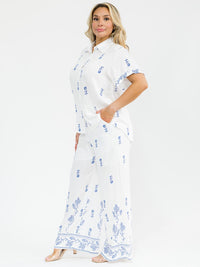 PLUS SIZE SHORT SLEEVE BLOUSE & ELASTIC WAIST PANTS EMBROIDERY 2PC. SET