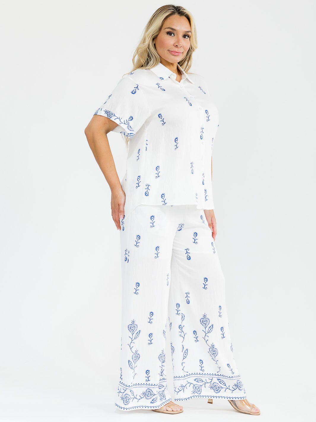 PLUS SIZE SHORT SLEEVE BLOUSE & ELASTIC WAIST PANTS EMBROIDERY 2PC. SET