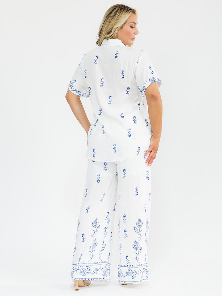 PLUS SIZE SHORT SLEEVE BLOUSE & ELASTIC WAIST PANTS EMBROIDERY 2PC. SET