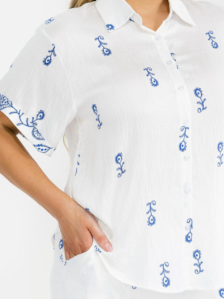 PLUS SIZE SHORT SLEEVE BLOUSE & ELASTIC WAIST PANTS EMBROIDERY 2PC. SET