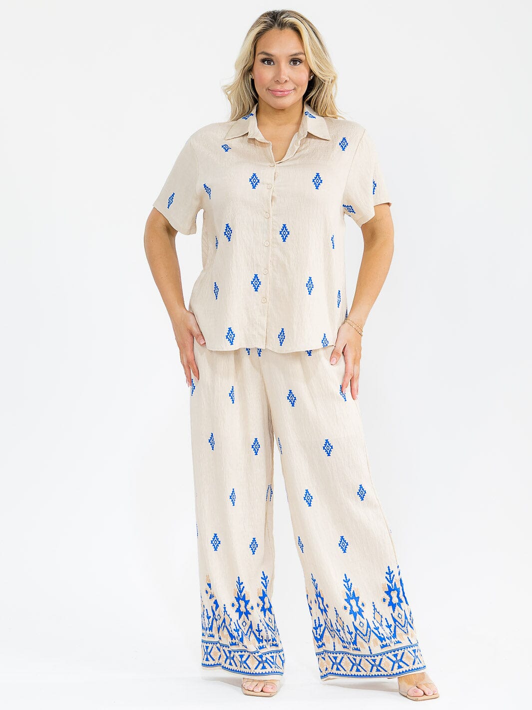 PLUS SIZE SHORT SLEEVE BLOUSE & ELASTIC WAIST PANTS MULTI PRINT 2PC. SET