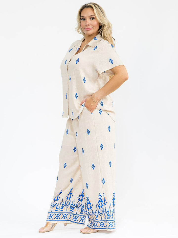 PLUS SIZE SHORT SLEEVE BLOUSE & ELASTIC WAIST PANTS MULTI PRINT 2PC. SET