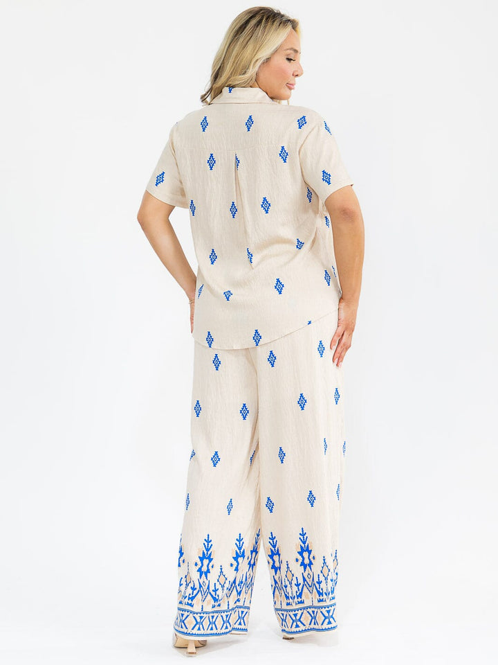 PLUS SIZE SHORT SLEEVE BLOUSE & ELASTIC WAIST PANTS MULTI PRINT 2PC. SET