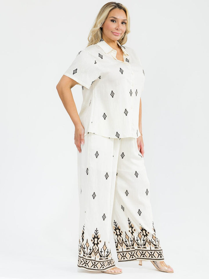 PLUS SIZE SHORT SLEEVE BLOUSE & ELASTIC WAIST PANTS MULTI PRINT 2PC. SET