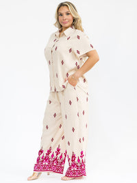 PLUS SIZE SHORT SLEEVE BLOUSE & ELASTIC WAIST PANTS MULTI PRINT 2PC. SET