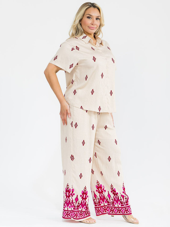 PLUS SIZE SHORT SLEEVE BLOUSE & ELASTIC WAIST PANTS MULTI PRINT 2PC. SET