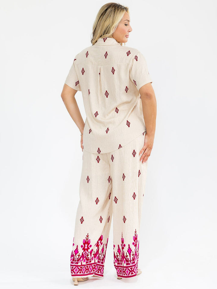 PLUS SIZE SHORT SLEEVE BLOUSE & ELASTIC WAIST PANTS MULTI PRINT 2PC. SET