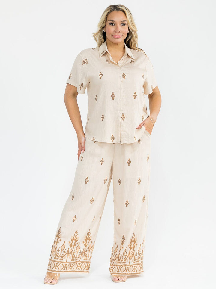 PLUS SIZE SHORT SLEEVE BLOUSE & ELASTIC WAIST PANTS MULTI PRINT 2PC. SET