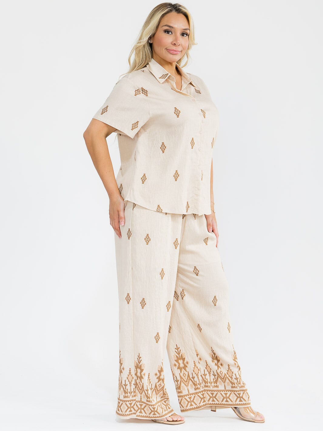 PLUS SIZE SHORT SLEEVE BLOUSE & ELASTIC WAIST PANTS MULTI PRINT 2PC. SET