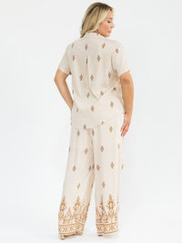 PLUS SIZE SHORT SLEEVE BLOUSE & ELASTIC WAIST PANTS MULTI PRINT 2PC. SET