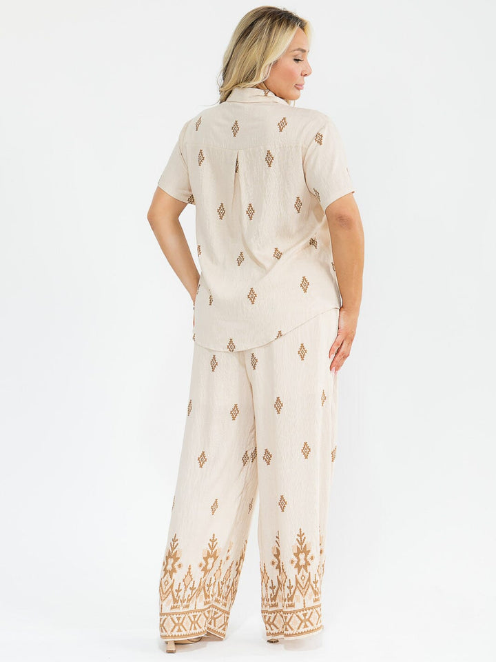 PLUS SIZE SHORT SLEEVE BLOUSE & ELASTIC WAIST PANTS MULTI PRINT 2PC. SET