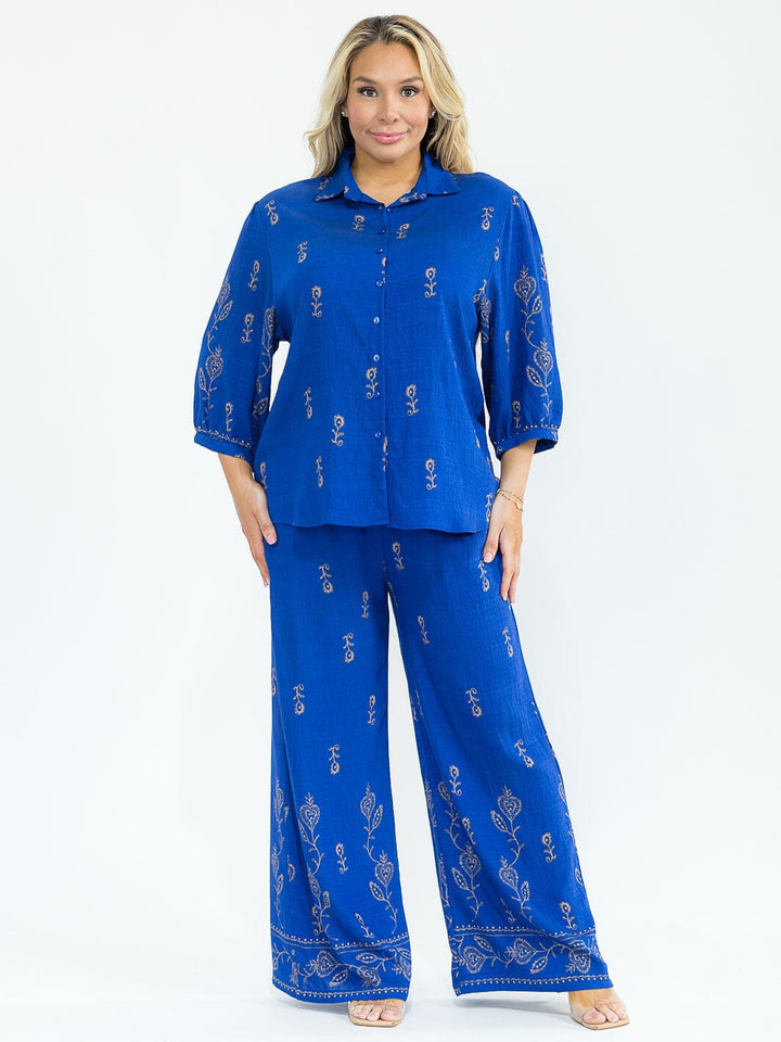 PLUS SIZE 3/4 SLEEVE BLOUSE & ELASTIC WAIST PANTS MULTI PRINT 2PC. SET