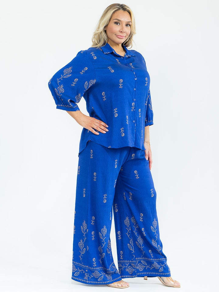 PLUS SIZE 3/4 SLEEVE BLOUSE & ELASTIC WAIST PANTS MULTI PRINT 2PC. SET