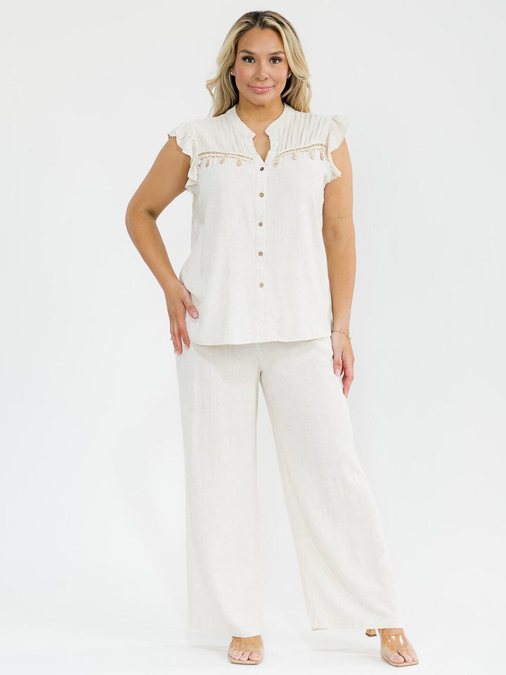 PLUS SIZE RUFFLE SLEEVE BLOUSE & ELASTIC WAIST PANTS TRIM DETAILED LINEN 2PC. SET