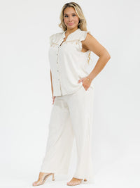 PLUS SIZE RUFFLE SLEEVE BLOUSE & ELASTIC WAIST PANTS TRIM DETAILED LINEN 2PC. SET