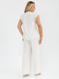 PLUS SIZE RUFFLE SLEEVE BLOUSE & ELASTIC WAIST PANTS TRIM DETAILED LINEN 2PC. SET