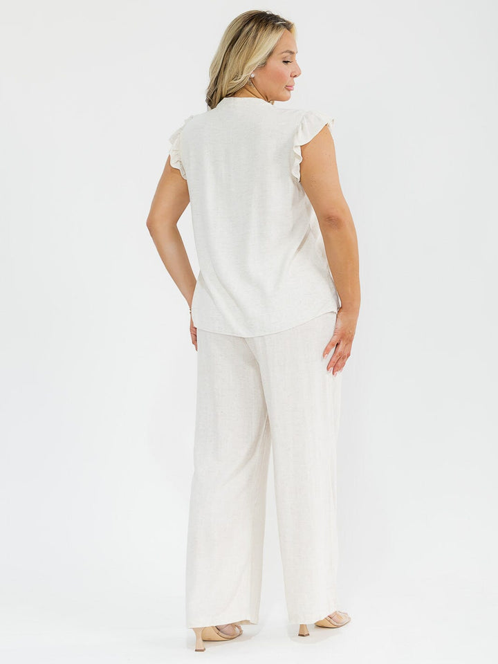 PLUS SIZE RUFFLE SLEEVE BLOUSE & ELASTIC WAIST PANTS TRIM DETAILED LINEN 2PC. SET