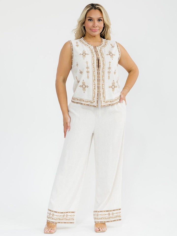 PLUS SIZE SLEEVELESS BLOUSE & ELASTIC WAIST PANTS EMBROIDERY 2PC. SET