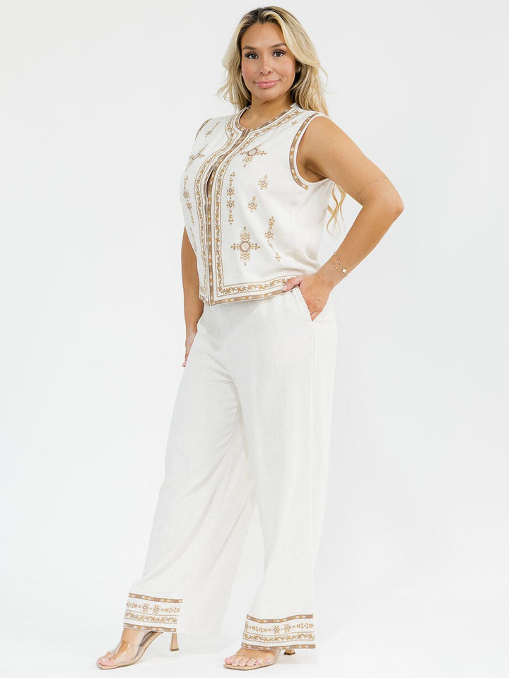 PLUS SIZE SLEEVELESS BLOUSE & ELASTIC WAIST PANTS EMBROIDERY 2PC. SET
