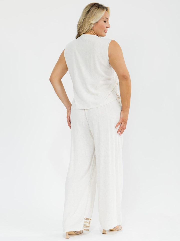 PLUS SIZE SLEEVELESS BLOUSE & ELASTIC WAIST PANTS EMBROIDERY 2PC. SET