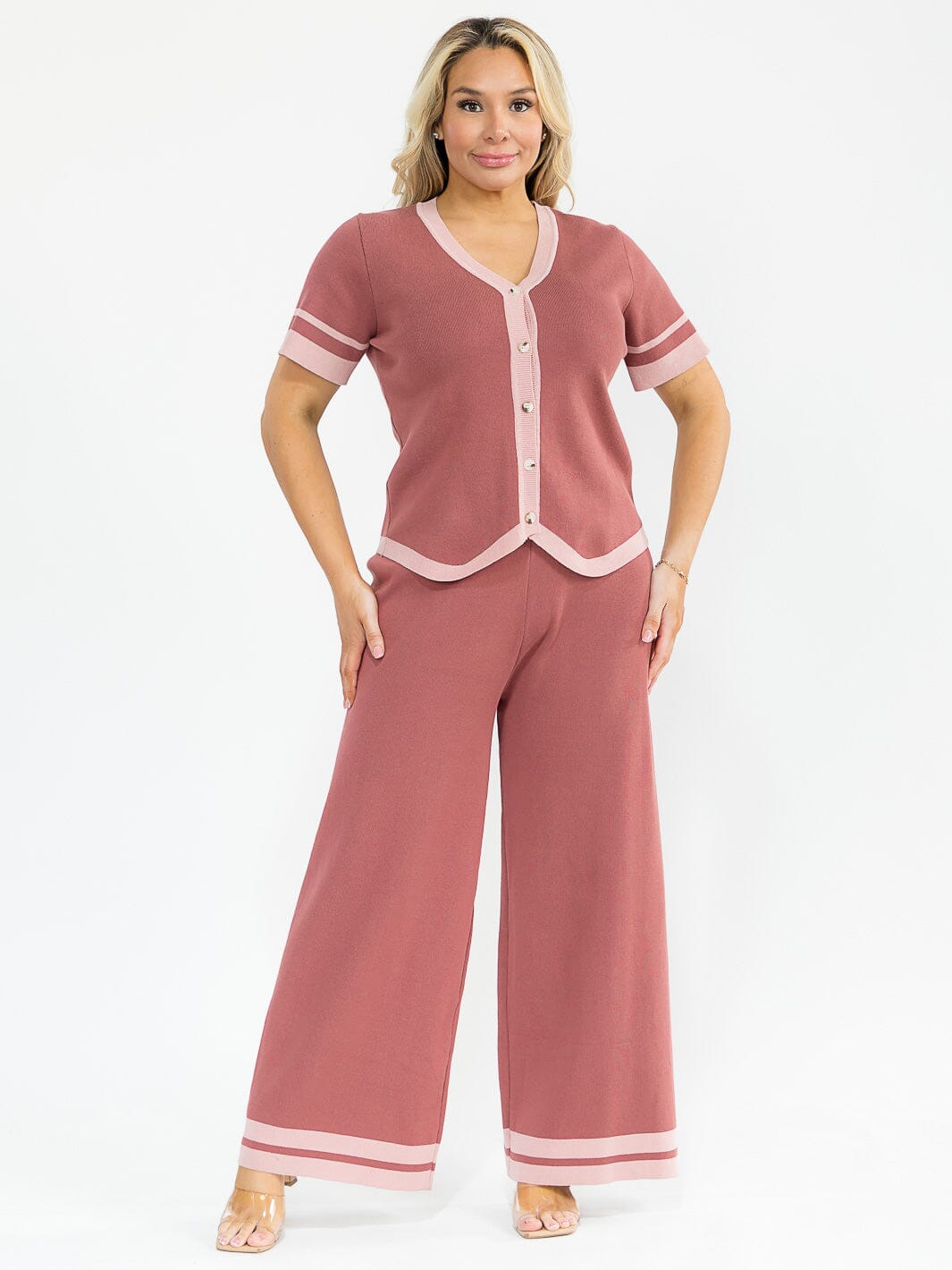 PLUS SIZE SHORT SLEEVE BLOUSE & ELASTIC WAIST PANTS KNIT COLORBLOCK 2PC. SET