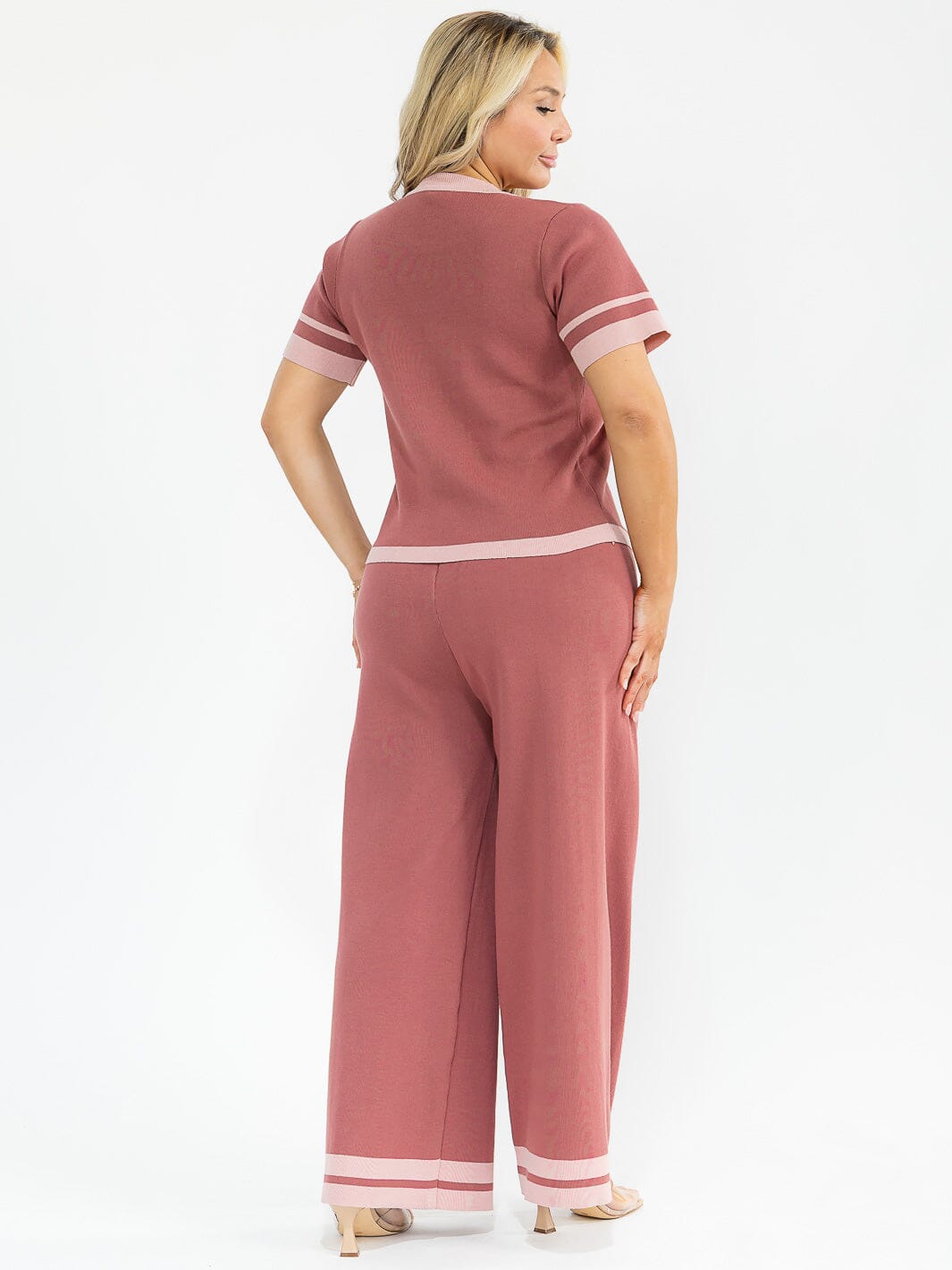 PLUS SIZE SHORT SLEEVE BLOUSE & ELASTIC WAIST PANTS KNIT COLORBLOCK 2PC. SET
