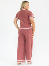 PLUS SIZE SHORT SLEEVE BLOUSE & ELASTIC WAIST PANTS KNIT COLORBLOCK 2PC. SET