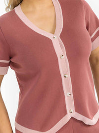 PLUS SIZE SHORT SLEEVE BLOUSE & ELASTIC WAIST PANTS KNIT COLORBLOCK 2PC. SET