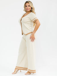 PLUS SIZE SHORT SLEEVE BLOUSE & ELASTIC WAIST PANTS KNIT COLORBLOCK 2PC. SET