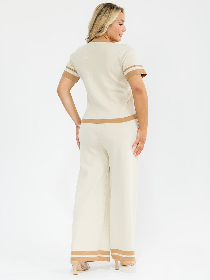 PLUS SIZE SHORT SLEEVE BLOUSE & ELASTIC WAIST PANTS KNIT COLORBLOCK 2PC. SET