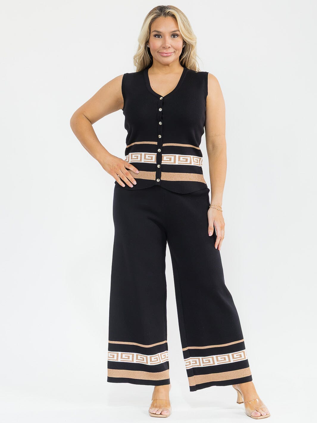 PLUS SIZE SLEEVELESS BLOUSE & ELASTIC WAIST PANTS SHIMMER PRINT DETAILED 2PC. SET