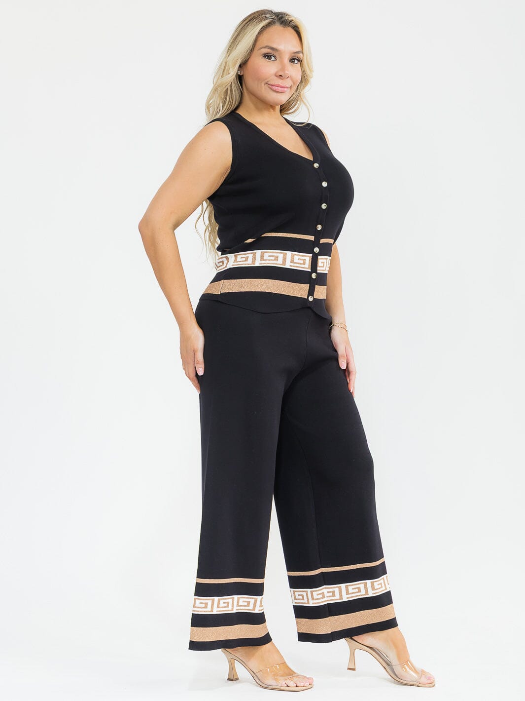 PLUS SIZE SLEEVELESS BLOUSE & ELASTIC WAIST PANTS SHIMMER PRINT DETAILED 2PC. SET