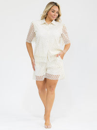 PLUS SIZE SHORT SLEEVE BLOUSE & ELASTIC WAIST SHORTS CROCHET 2PC. SET
