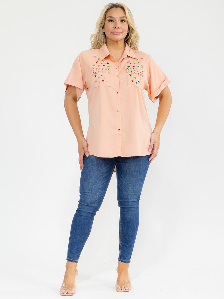 PLUS SIZE SHORT SLEEVE BUTTON UP FRONT POCKETS HIGH-LOW STUDS BLOUSE