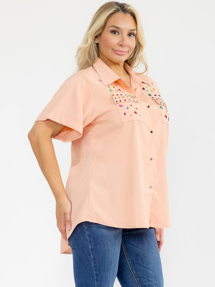 PLUS SIZE SHORT SLEEVE BUTTON UP FRONT POCKETS HIGH-LOW STUDS BLOUSE