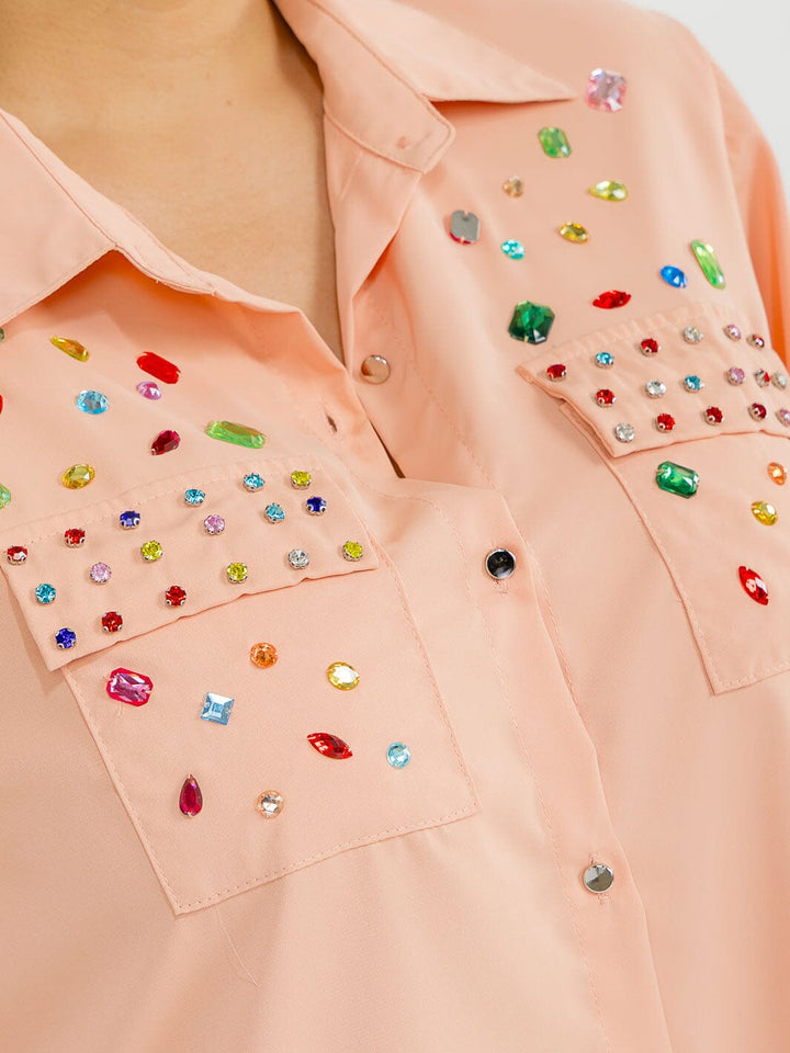 PLUS SIZE SHORT SLEEVE BUTTON UP FRONT POCKETS HIGH-LOW STUDS BLOUSE