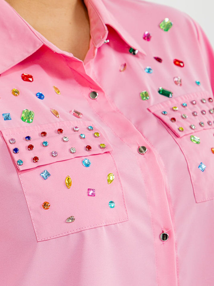 PLUS SIZE SHORT SLEEVE BUTTON UP FRONT POCKETS HIGH-LOW STUDS BLOUSE