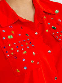 PLUS SIZE SHORT SLEEVE BUTTON UP FRONT POCKETS HIGH-LOW STUDS BLOUSE