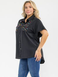 PLUS SIZE SHORT SLEEVE BUTTON UP FRONT POCKETS HIGH-LOW STUDS BLOUSE